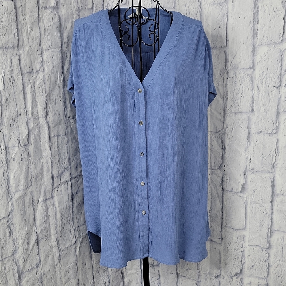 Orvis Medium Blue Rayon Button Front Short Sleeve V-neck‎ Blouse Medium